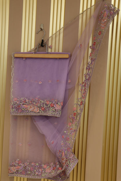 Net dupatta with thread embroidery,zari and stone work highlighted