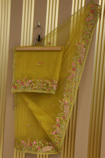 Net dupatta with thread embroidery,zari and stone work highlighted