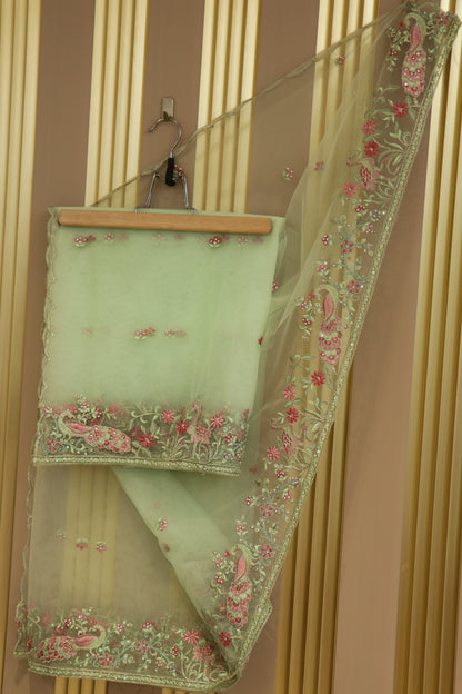 Net dupatta with thread embroidery,zari and stone work highlighted