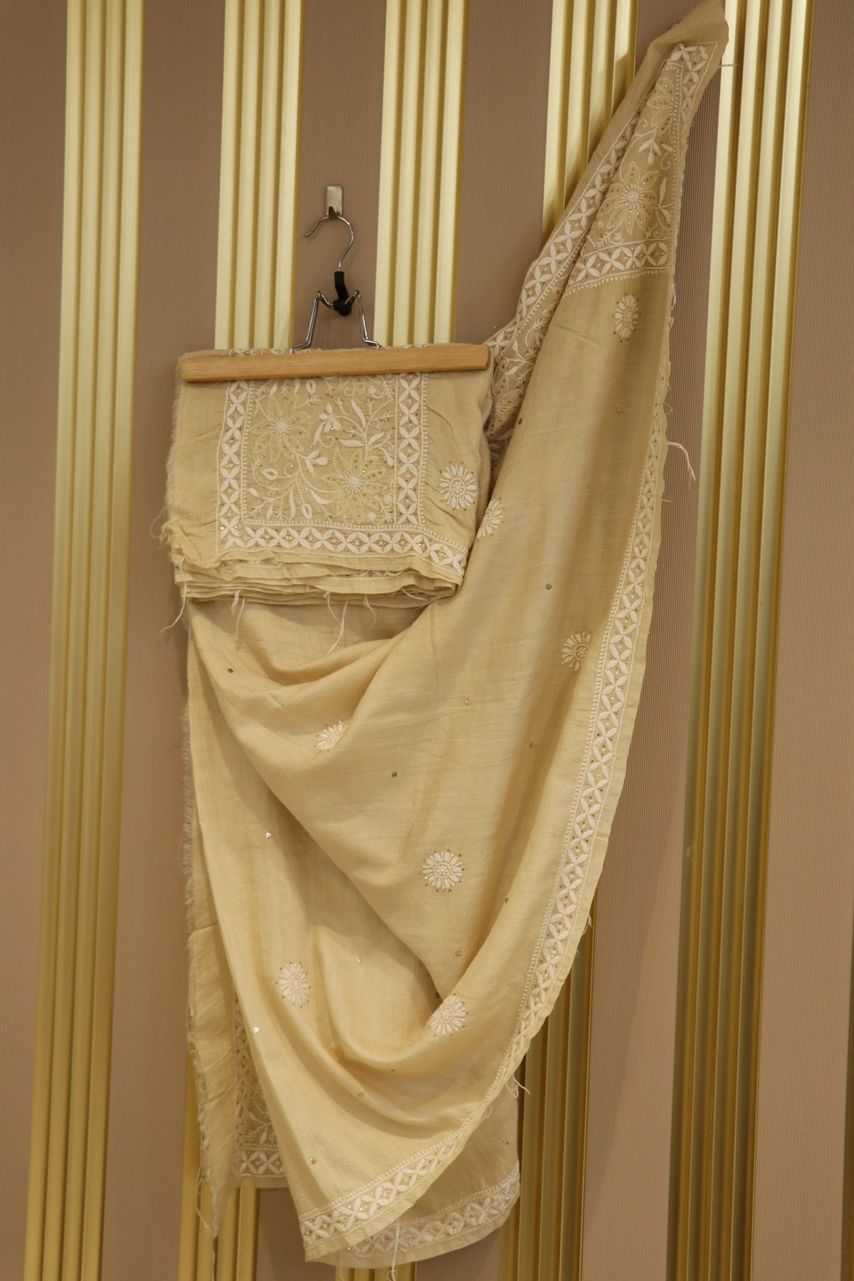 Pure Munga Silk Hand Worked Chikankari Dyeable Dupatta With Mukaish/Kamdani Work