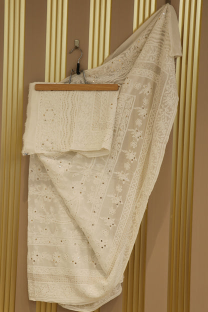 Pure georgette Lucknowi white chikankari dupattas with hand worked mukaish/kamdani work