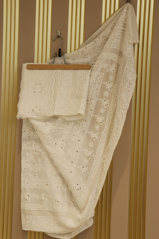 Pure georgette Lucknowi white chikankari dupattas with hand worked mukaish/kamdani work