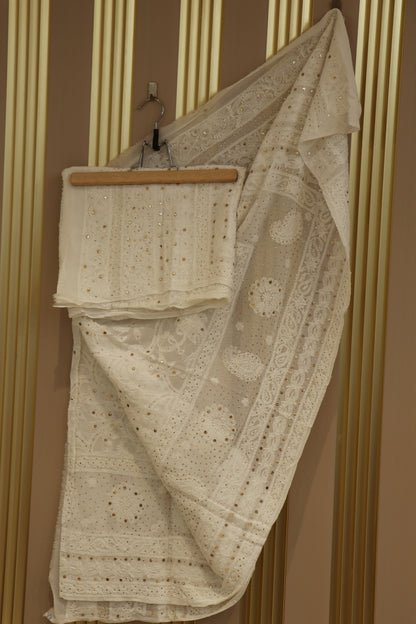 Pure georgette Lucknowi white chikankari dupattas with hand worked mukaish/kamdani work