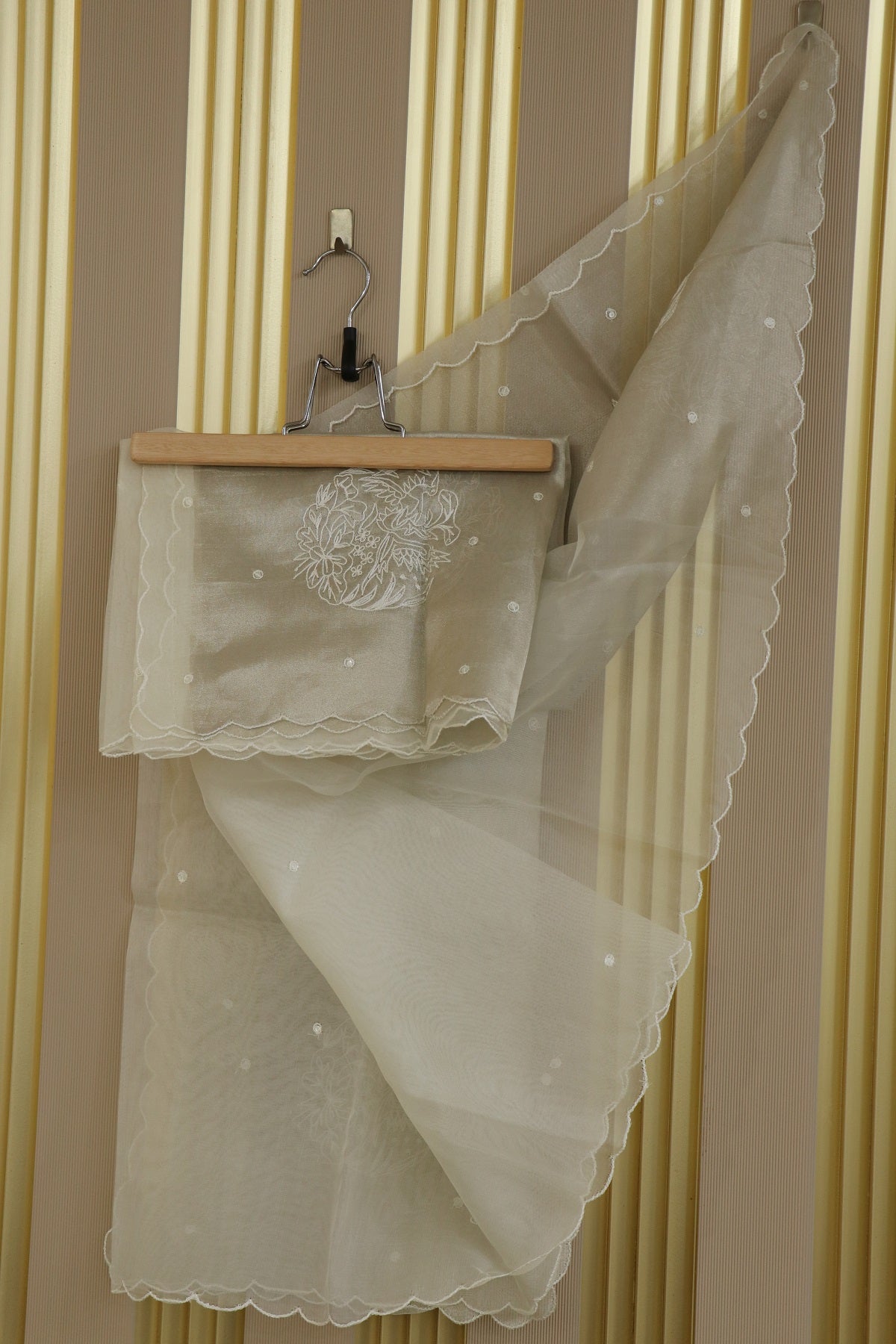 Pure Organza White Dyeable  Dupatta With Embroidered  Butis and Tissue Pallu Scalloped