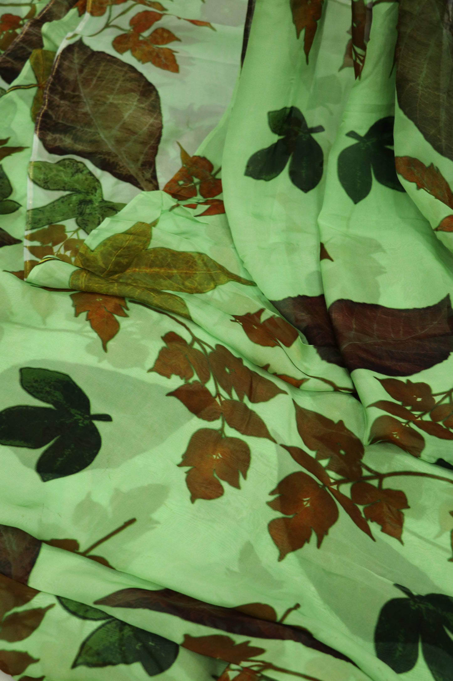 Apple Green Autumn Leaves Printed Falling Organza