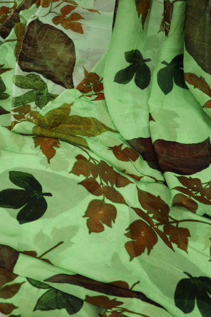 Apple Green Autumn Leaves Printed Falling Organza