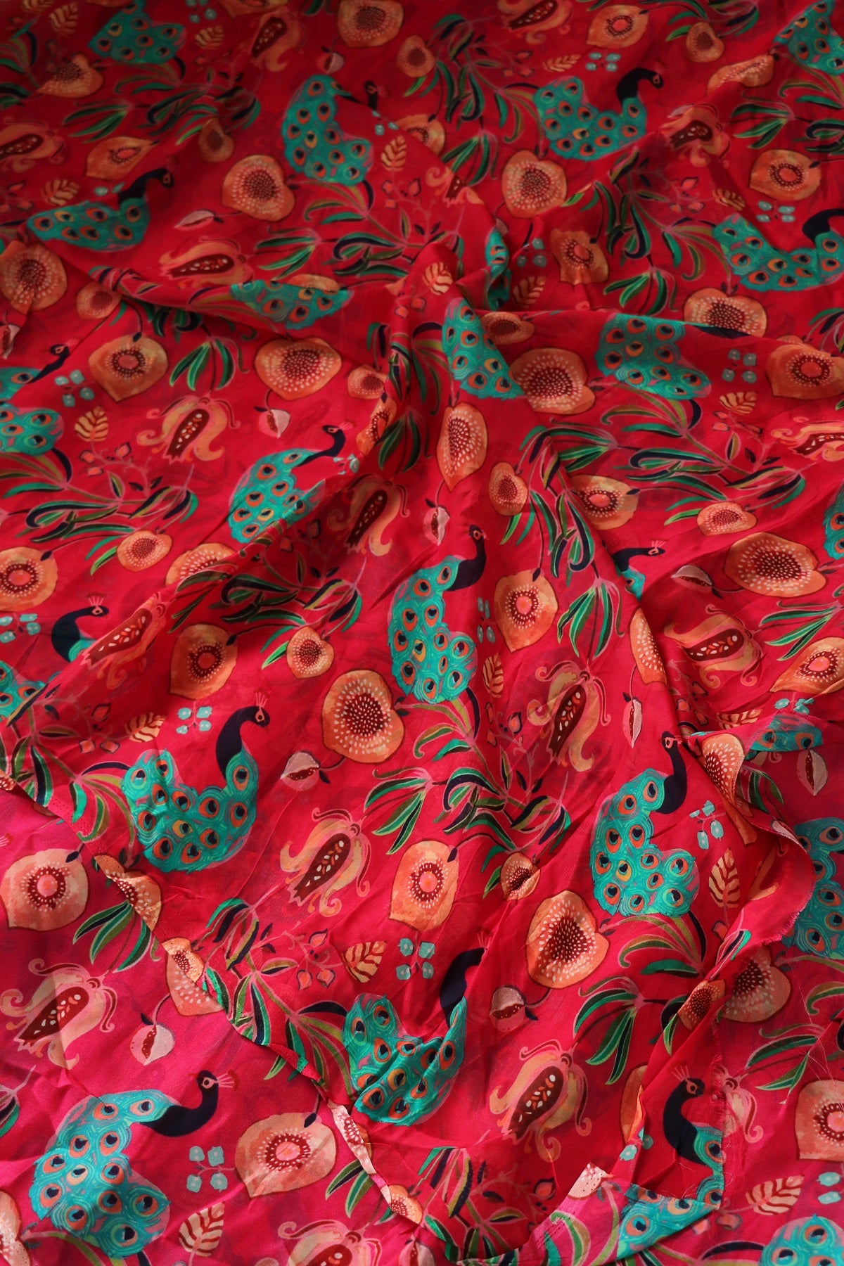 Raspberry Pink Peacock Floral Printed Falling Organza