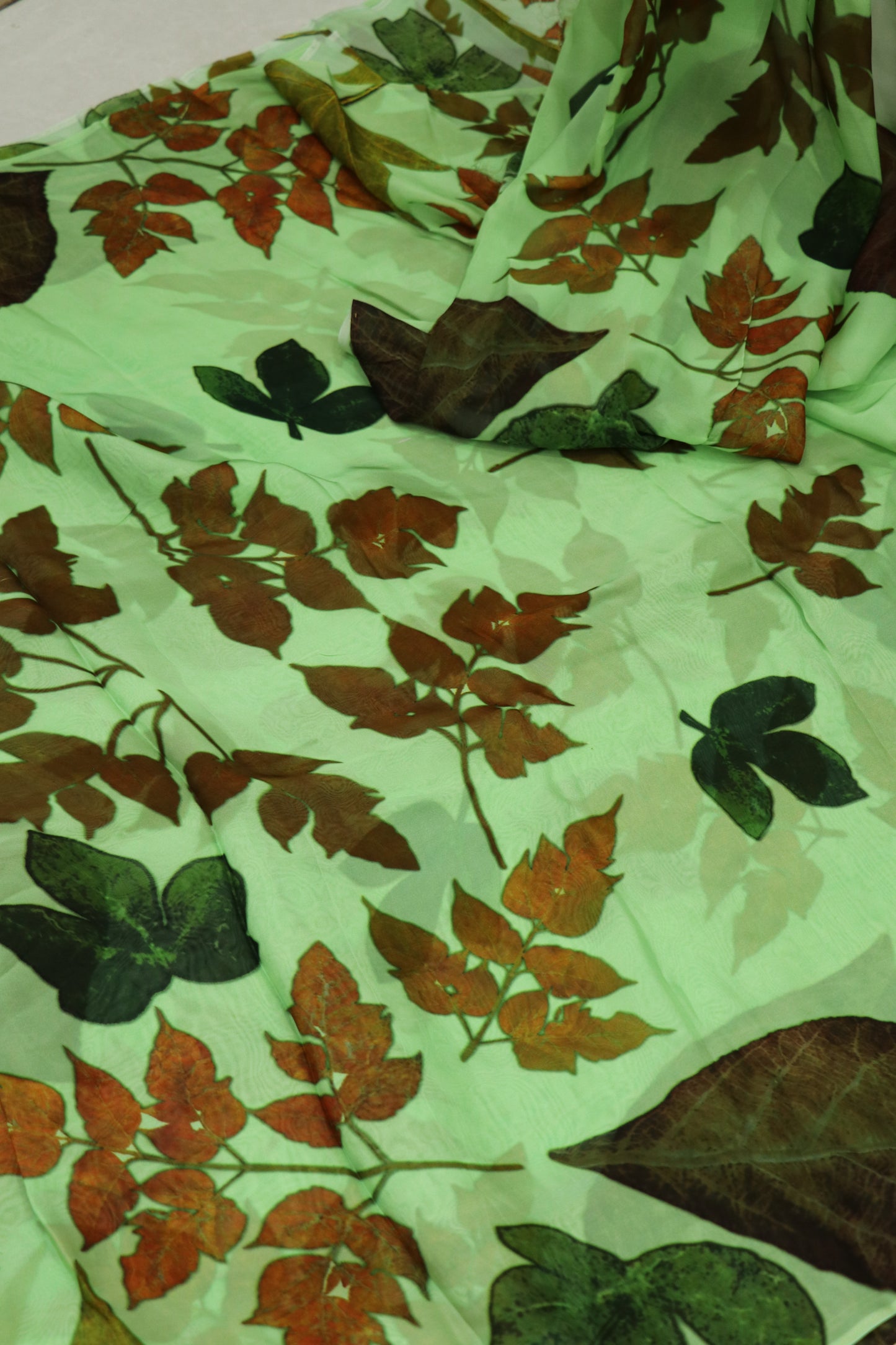 Apple Green Autumn Leaves Printed Falling Organza