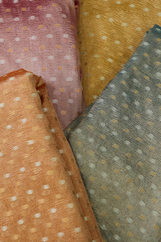 Crushed Semi Woven Tissue Fabric With Gold & Silver Polka Dots