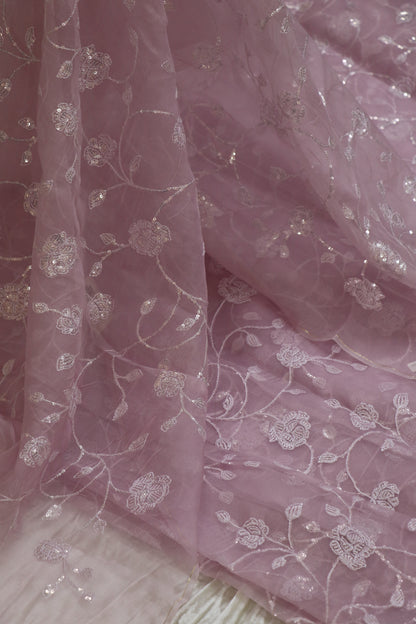 Self Sequins Floral Jaal Embroidered Pure Organza Fabric