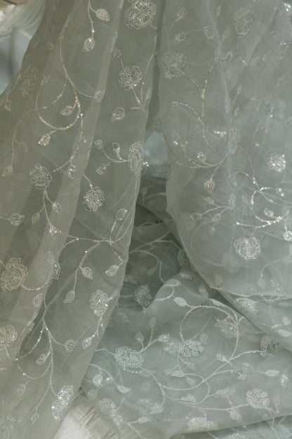 Self Sequins Floral Jaal Embroidered Pure Organza Fabric