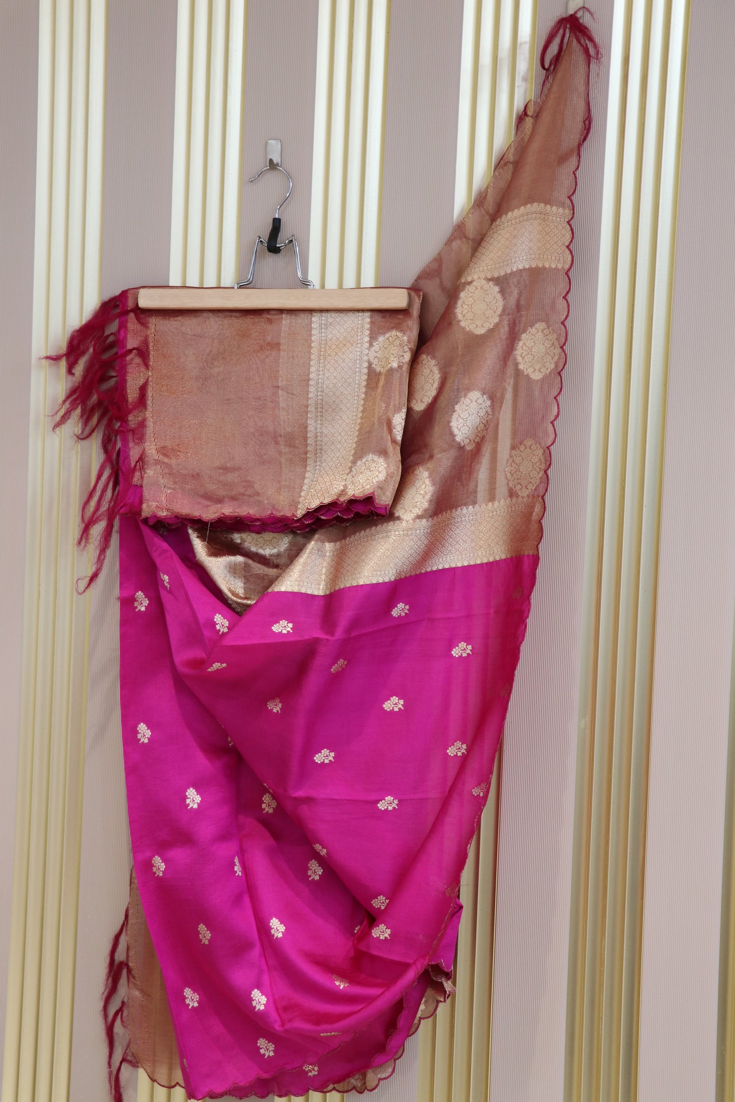 Pure banaras chiniya silk dupattas with flower buttis and tissue pallu scaloped