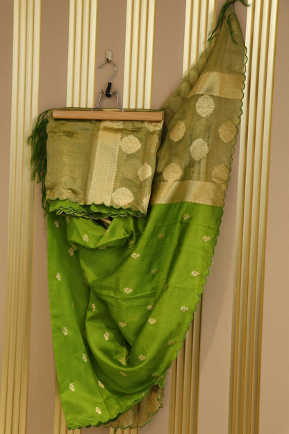 Pure banaras chiniya silk dupattas with flower buttis and tissue pallu scaloped
