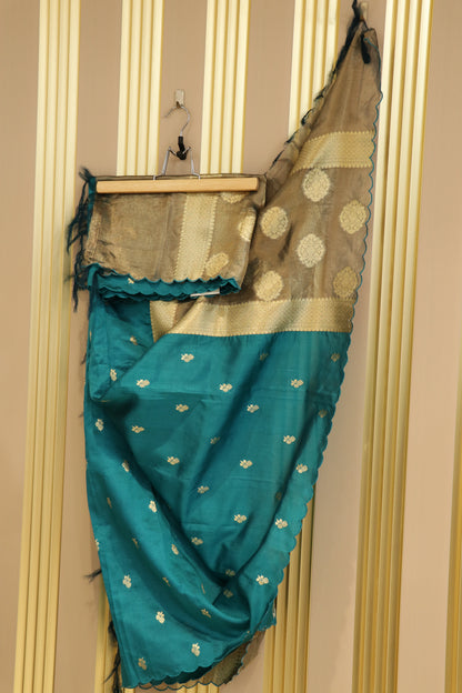 Pure banaras chiniya silk dupattas with flower buttis and tissue pallu scaloped