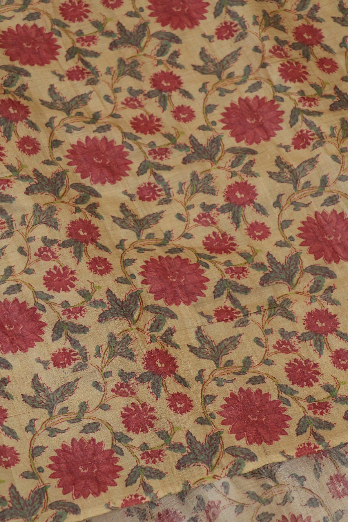 Natural Desi Tussar Latte Brown Base Red Floral Printed Fabric