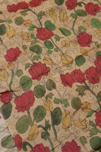 Natural Desi Tussar Brown Beige Kalamakari  Printed Fabric