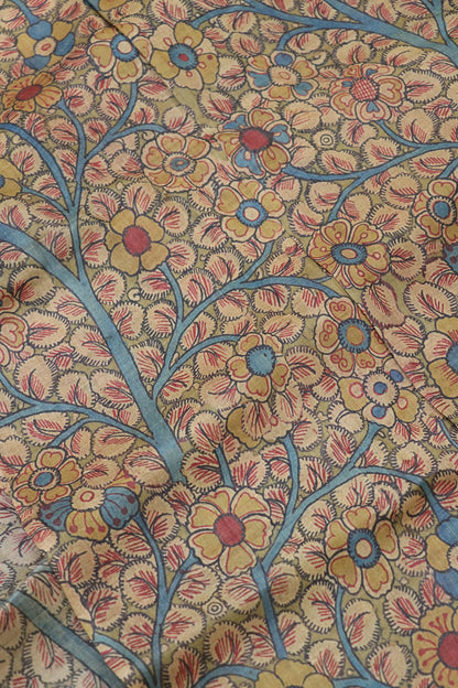 Natural Desi Tussar Hazel Wood Color Base Kalmakari Floral Printed Fabric