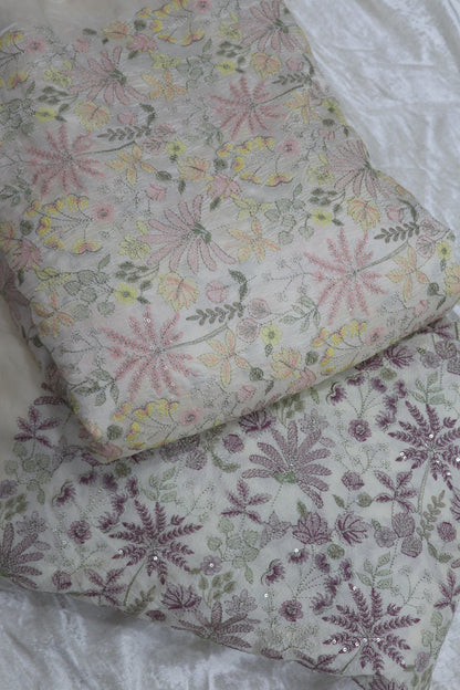 Pure Falling Raw Silk Hues Of Patsel Shaded & Zari Thread Embroidered Fabric