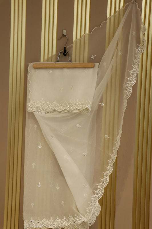 White Dyeable Organza Dupatta With Thread & Mirrorwork Scalloped