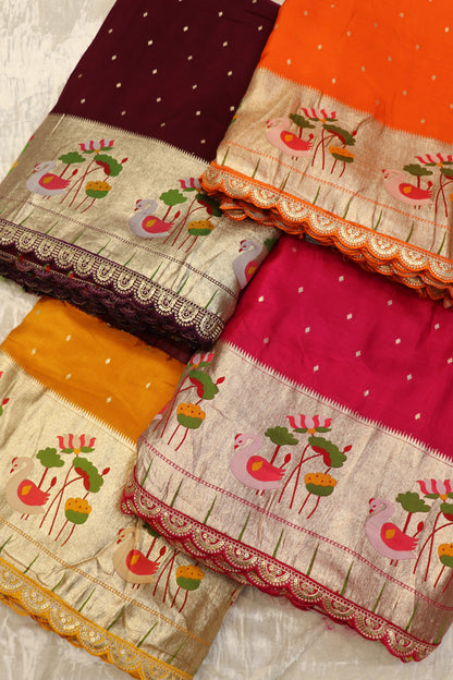 Russian Silk Woven With Pithani Border And Scalop Cutwork Dorie Lace Fabric.