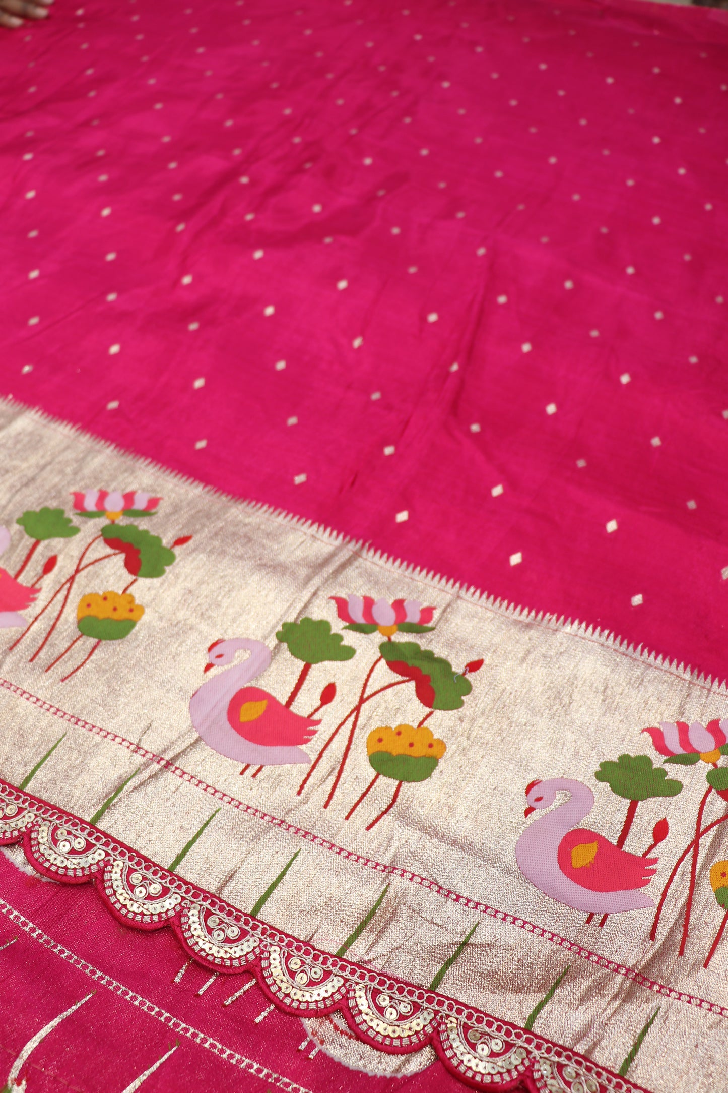 Russian Silk Woven With Pithani Border And Scalop Cutwork Dorie Lace Fabric.