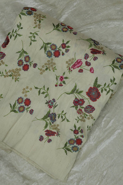 Ivory White Embroidered Pure Raw Silk Fabric