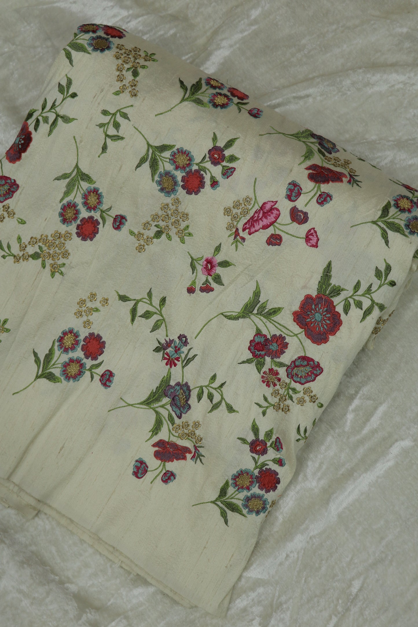 Ivory White Pure Raw Silk Multi Floral Embroidery Fabric