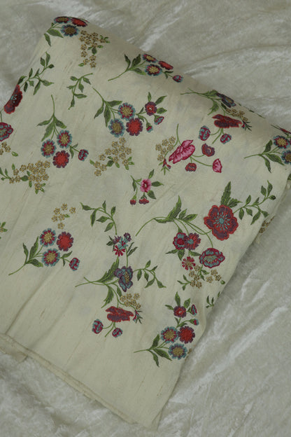 Ivory White Pure Raw Silk Multi Floral Embroidery Fabric
