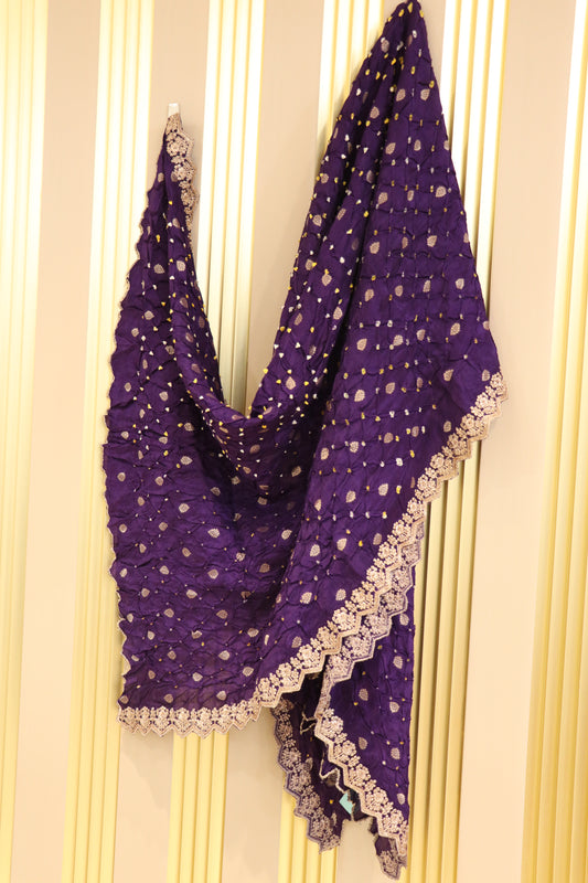 Russian silk dupattas pure bandhani and banarasi butti weaved with scallopes embroidery