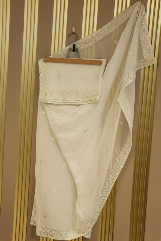 White Dyeable Georgette Dupatta With Thread & Sequins Embroidery