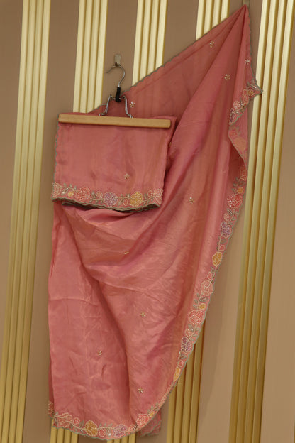 Uppada tissue dupatta with thread work and cutbeads embroidery with scalloped.