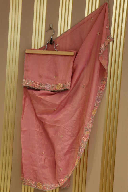 Uppada tissue dupatta with thread work and cutbeads embroidery with scalloped.