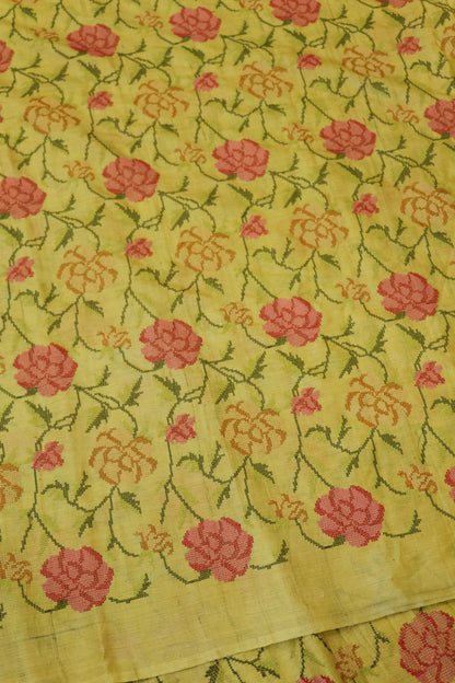 Canary Yellow Cross Stich Embroidered Pure Tussar Fabric