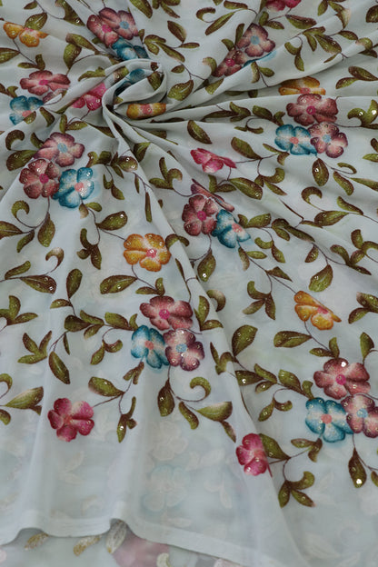 Printed Georgette Fabric Embroidered & Highlighted With Sequins