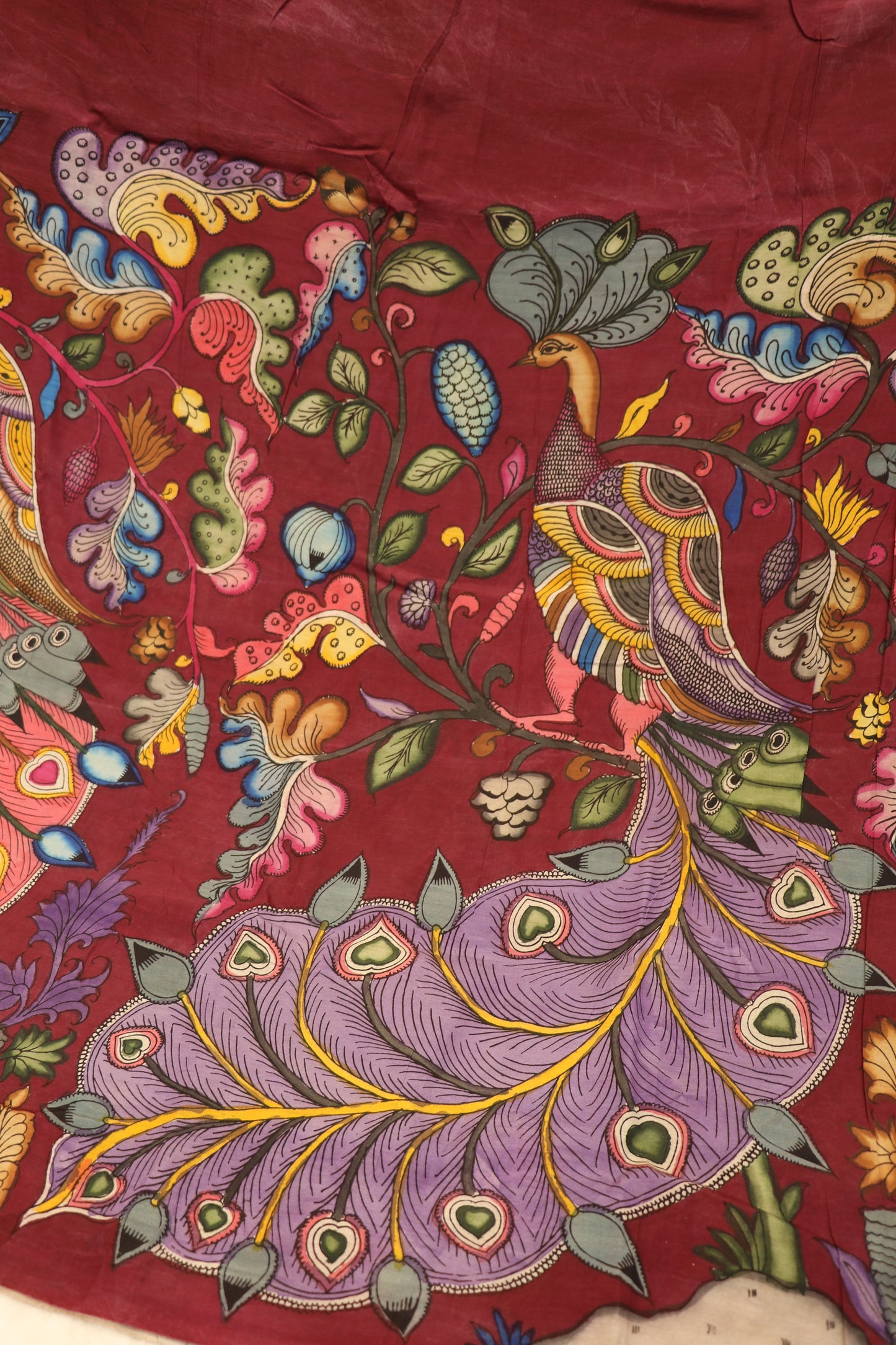 Burgundy Pure Pen Kalamkari Hand Painted Lehenga Silk Fabric (Minimum Order 5 meter)