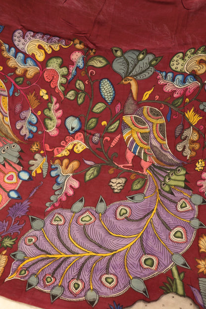 Burgundy Pure Pen Kalamkari Hand Painted Lehenga Silk Fabric (Minimum Order 5 meter)