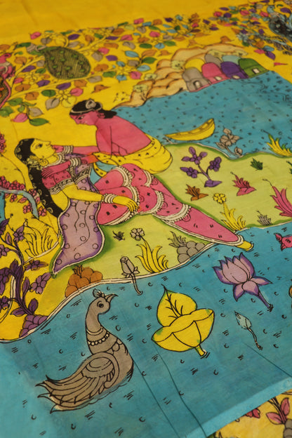Mustard Yellow Pure Pen Kalamkari Hand Painted Lehenga Silk Fabric (Minimum Order 5 meter)