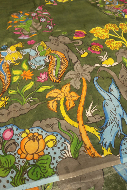 Army Green Pure Pen Kalamkari Hand Painted Lehenga Silk Fabric (Minimum Order 5 meter)