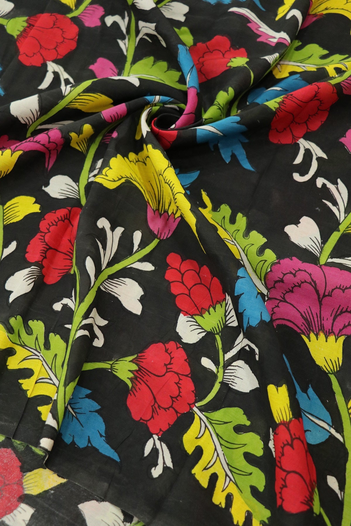 Black Pure Pen Hand Painted Kalamkari Fabric