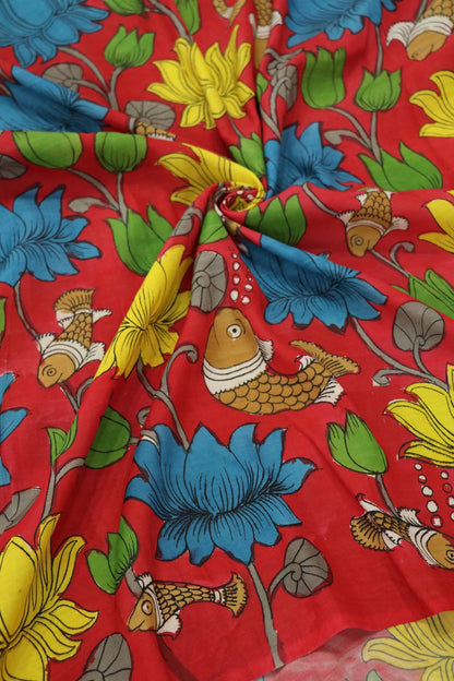 Red Lotus Flower Pure Pen Kalamkari Fabric