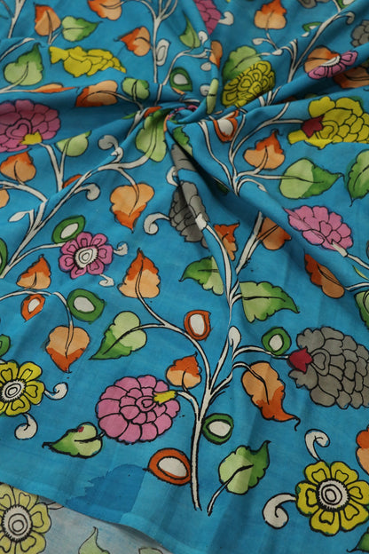 Teal Blue Pure Pen Hand painted Kalamkari Fabric