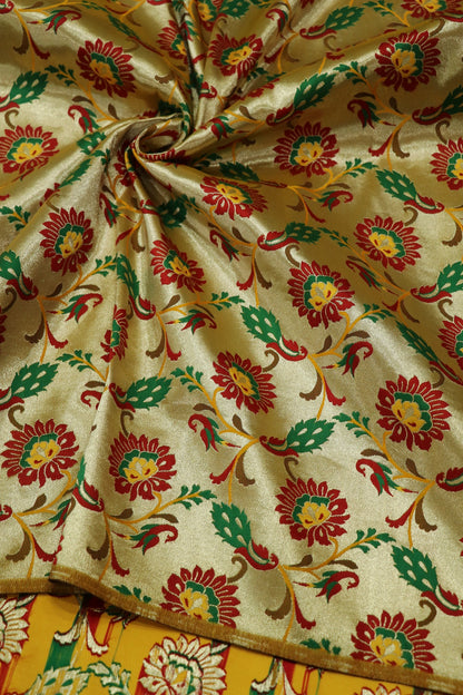 Light Gold Yellow All Over Jaal With Peacocks & Floral Woven Paithani Fabric