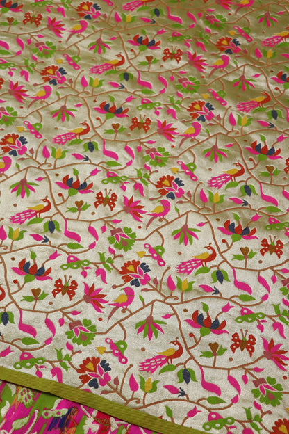 Light Gold Parrot Green All Over Jaal With Peacocks,Butterflies & Lotus Theme Woven Paithani Fabric