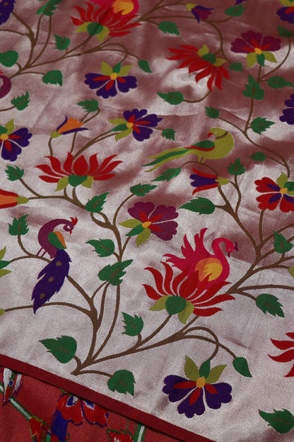 Marron Silver All Over Jaal With Peacocks,Parrot With Lotus Theme Woven Paithani Fabric