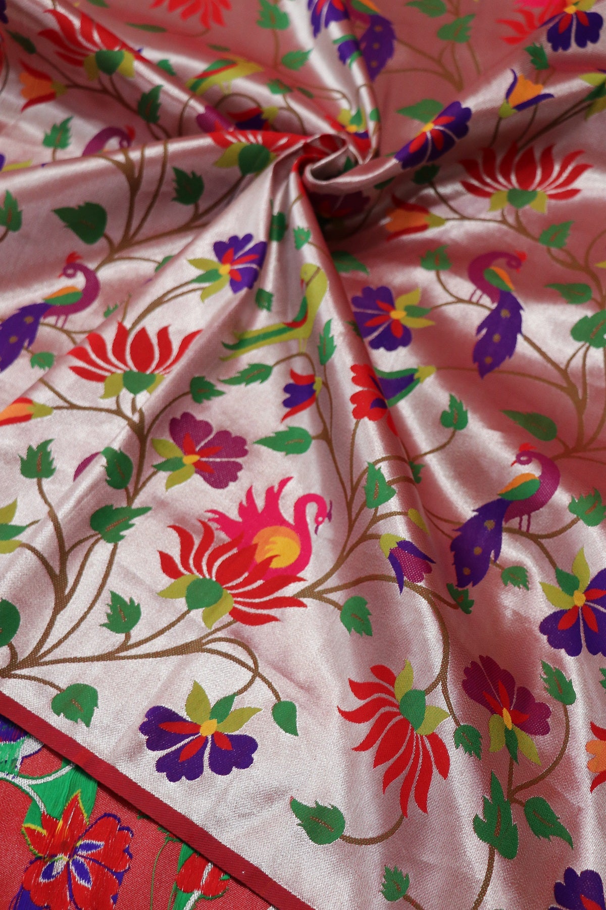 Marron Silver All Over Jaal With Peacocks,Parrot With Lotus Theme Woven Paithani Fabric