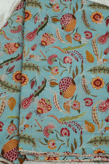 Celeste Blue Multi Floral & Pomagranate Printed Chanderi Woven Fabric