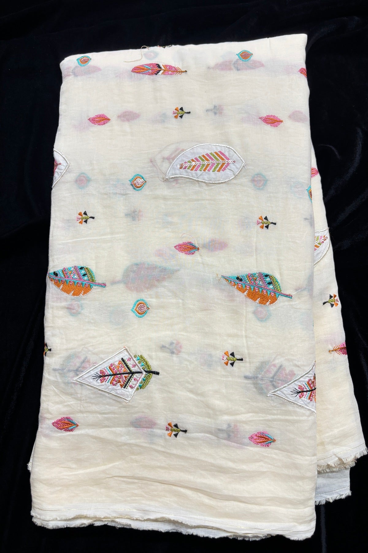 Multithreaded Pines Embroidered Silk Mul Chanderi Fabric