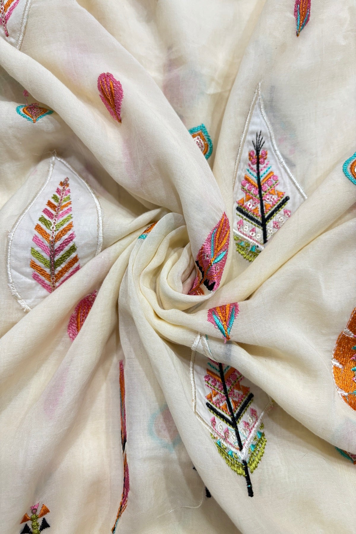Multithreaded Pines Embroidered Silk Mul Chanderi Fabric