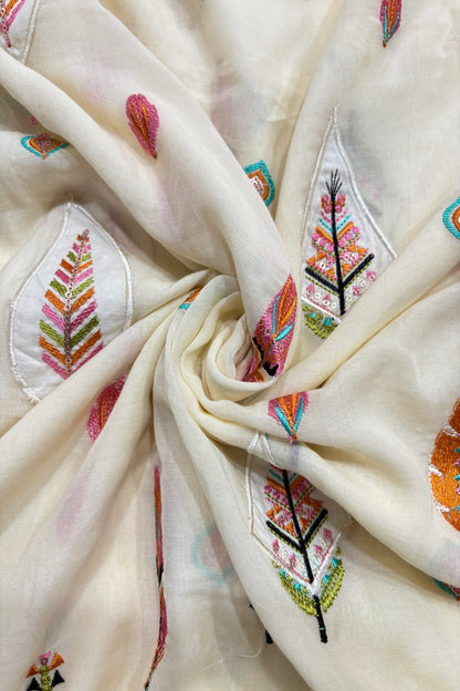 Multithreaded Pines Embroidered Silk Mul Chanderi Fabric