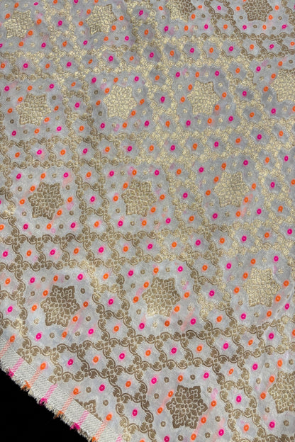 Banaras Bhandani Meenakari With Geometric Shaped Zari Woven White Dyeable Dola Silk Fabric
